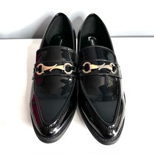 French Connection Black Patent Loafers, Size 11, Gold Detail NWOT